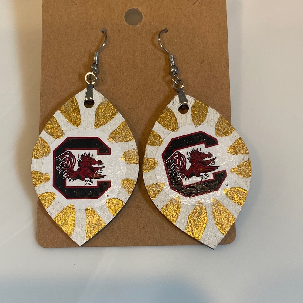 White & Gold Gamecock Teardrop Earrings